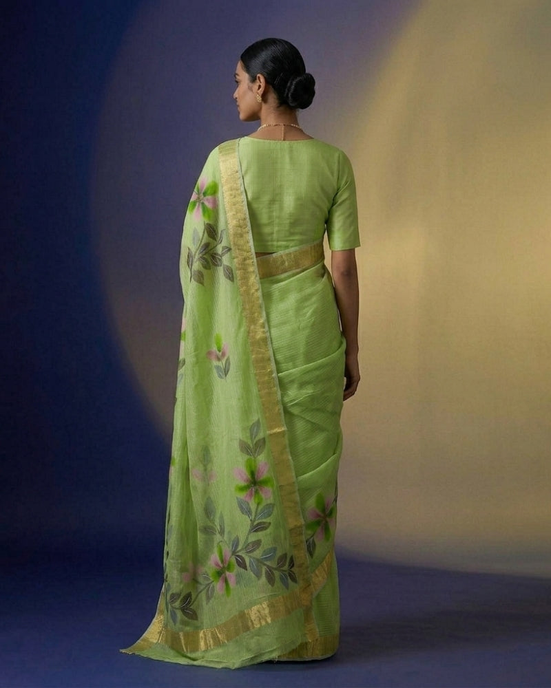 Handcrafted Cotton Kota Doria Brush Paint Saree – Light Green Floral Elegance with Zari Border
