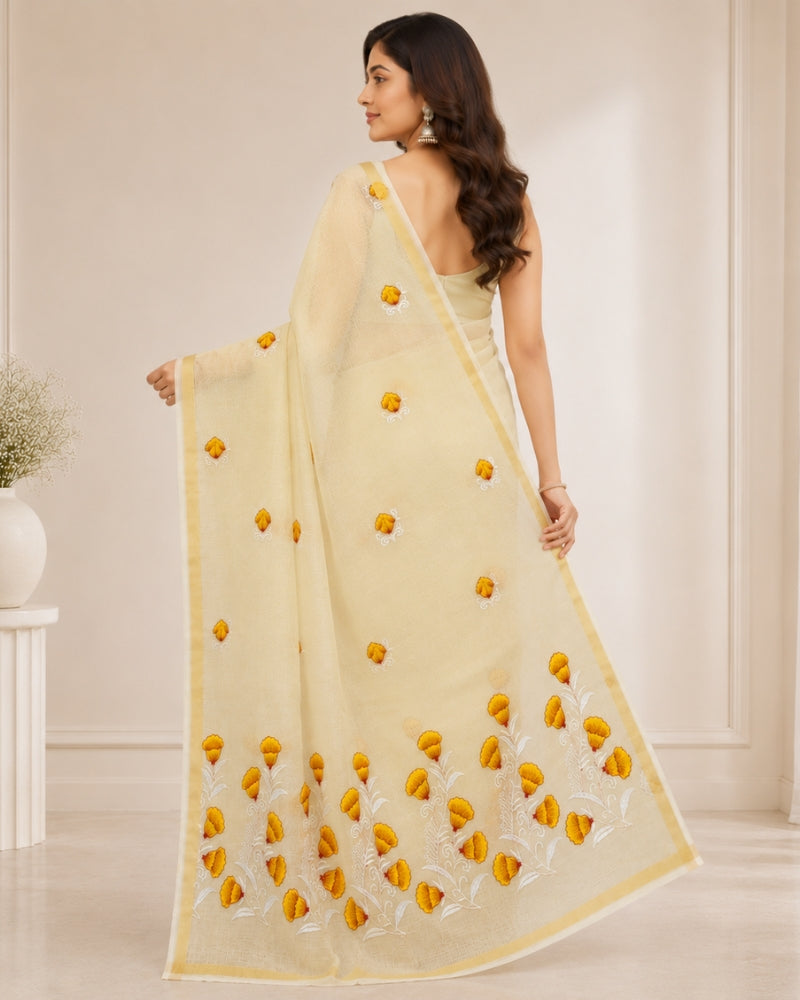 Cream Cotton Kota Doria Embroidered Saree with Floral Border & Zari Border | Doria Vastra