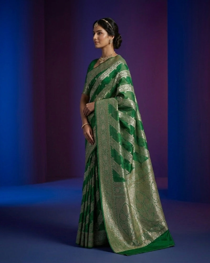 legant Pure Silk Kota Doria Weaving Saree – Soft Emerald Green Festive Wear Collection