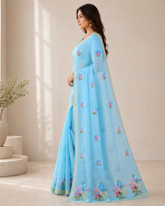 Sky Blue Cotton Kota Doria Embroidered Saree with Floral Embroidery & Zari Border | Doria Vastra