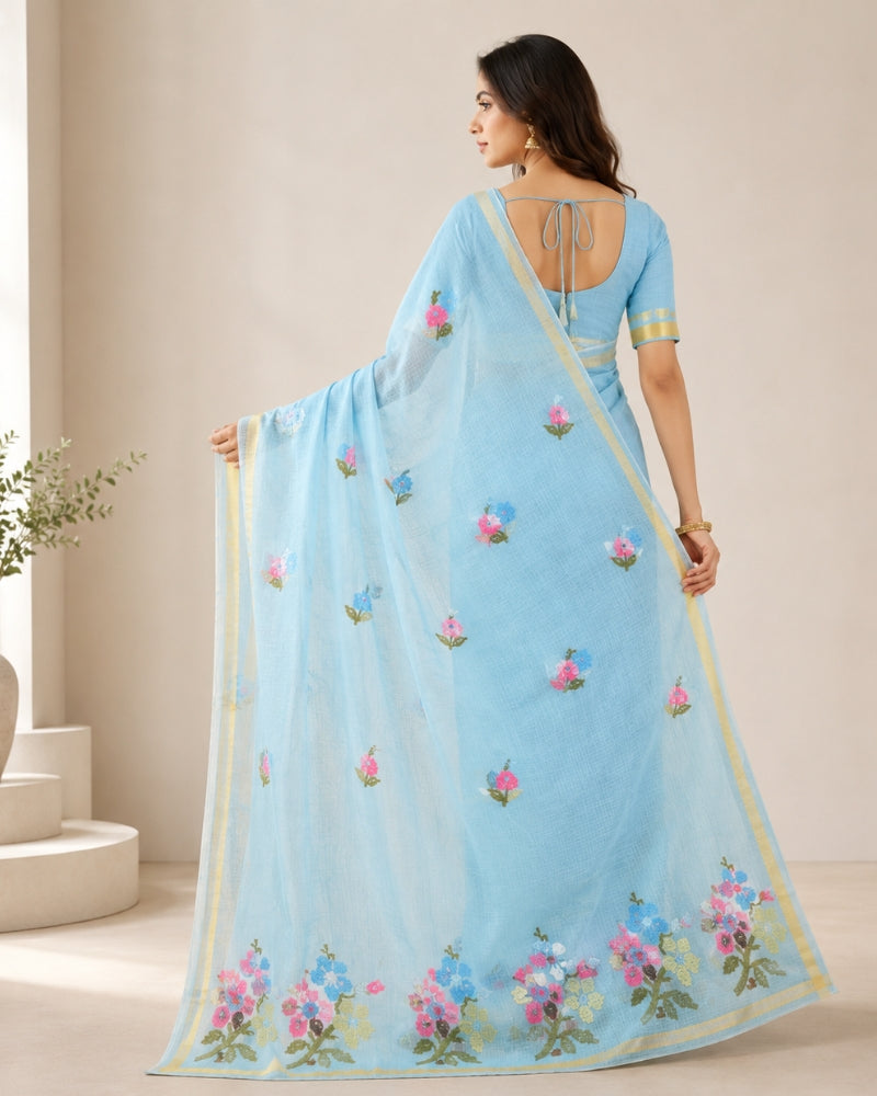 Sky Blue Cotton Kota Doria Embroidered Saree with Floral Embroidery & Zari Border | Doria Vastra