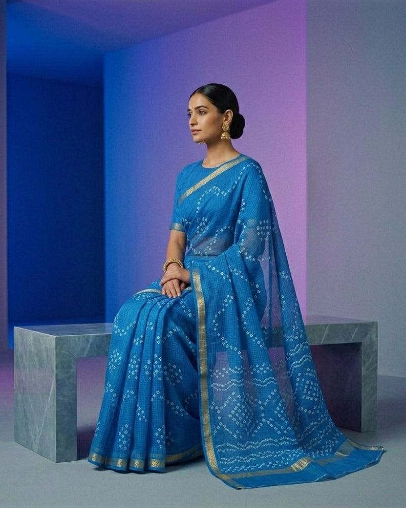 Pure Silk Kota Hand Bandhej Saree with Zari Border – Elegant Blue Traditional Saree