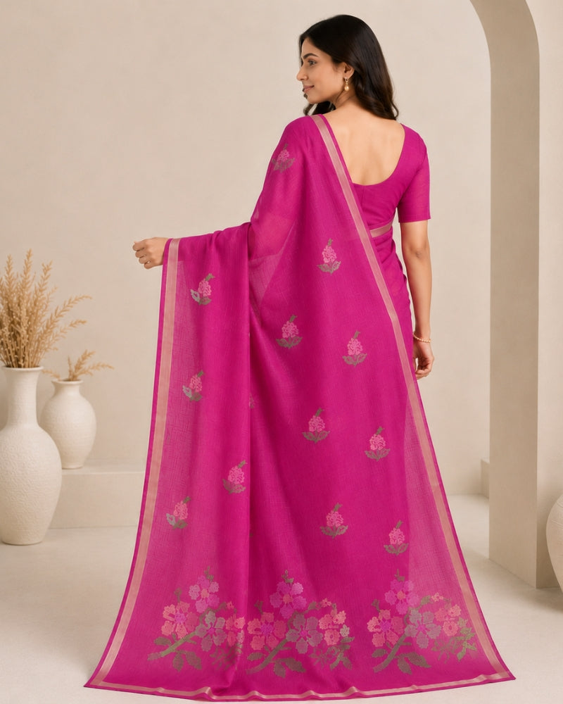 Cotton Kota Doria Embroidery Saree in Rani Pink | Floral Designer Saree for Women
