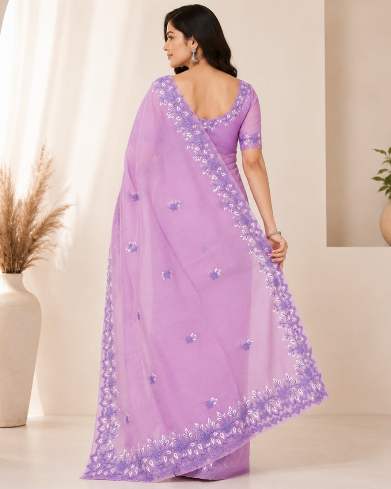 Lavender Cotton Kota Doria Embroidery Saree