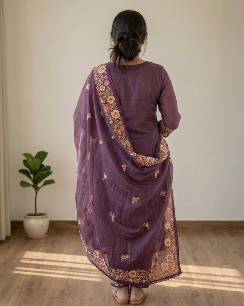 Soft Cotton Kota Doria Dress Material with Floral Embroidery – Purple Shade with Dupatta