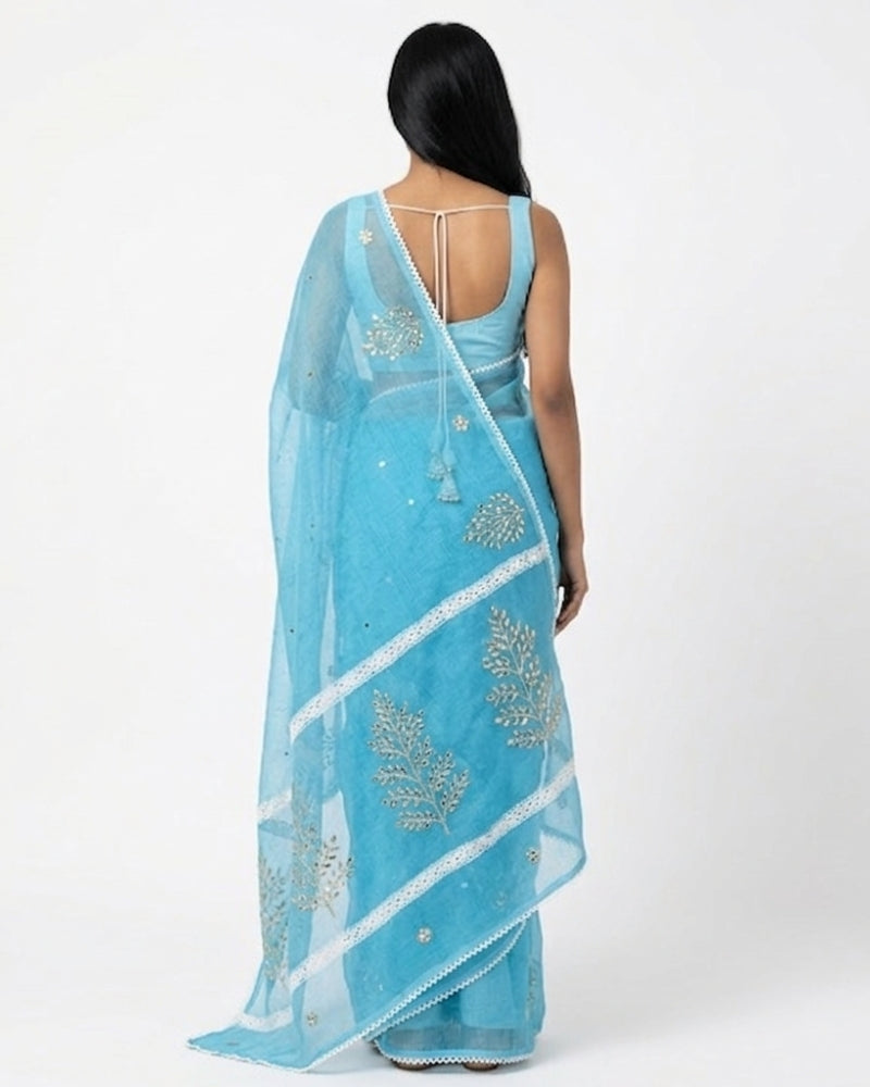 Sky Blue Kota Doria Gotta Patti Work Saree | Lightweight Festive Wear Saree