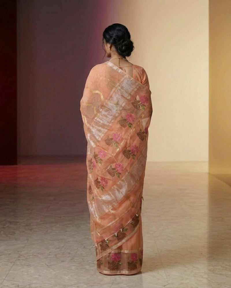 Pure Cotton Kota Doria Mirror Work Saree with Handwoven Floral Border – Peach