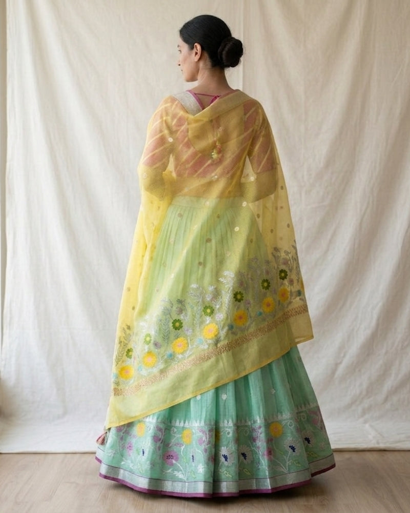 Yellow & Mehendi Green Kota Doria Saree with Floral Border