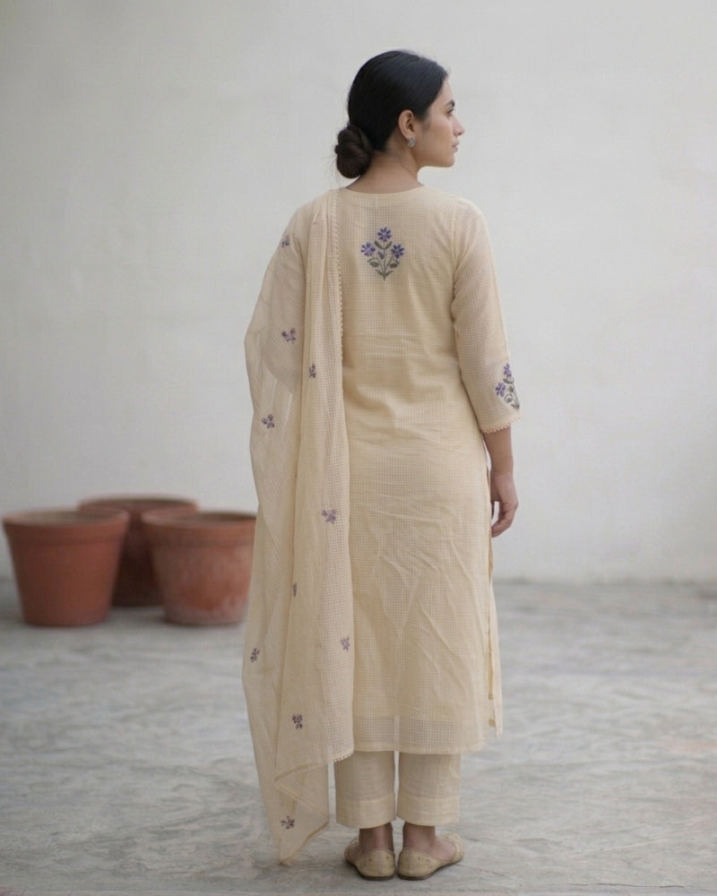 Elegant Cream Kota Doria Embroidered Dress Material with Dupatta (3 Piece Set)