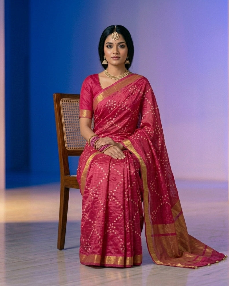 Pure Silk Kota Saree with Bandhani Design & Zari Border – Elegant Traditional Wear