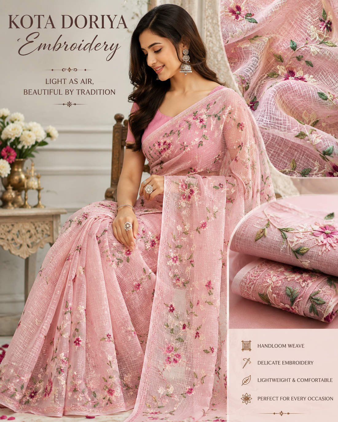 Kota Doria Embroidery Sarees – Tradition Woven with Elegance