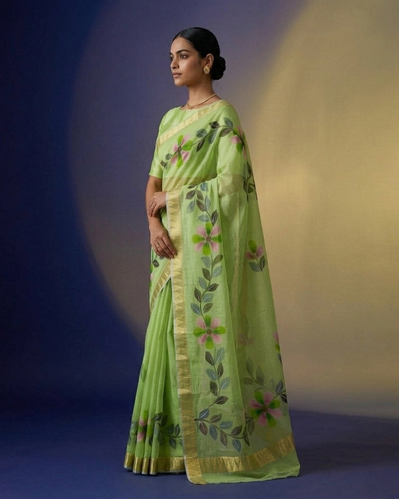 Handcrafted Cotton Kota Doria Brush Paint Saree – Light Green Floral Elegance with Zari Border