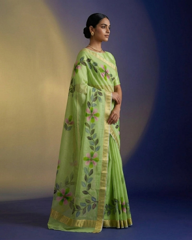 Handcrafted Cotton Kota Doria Brush Paint Saree – Light Green Floral Elegance with Zari Border