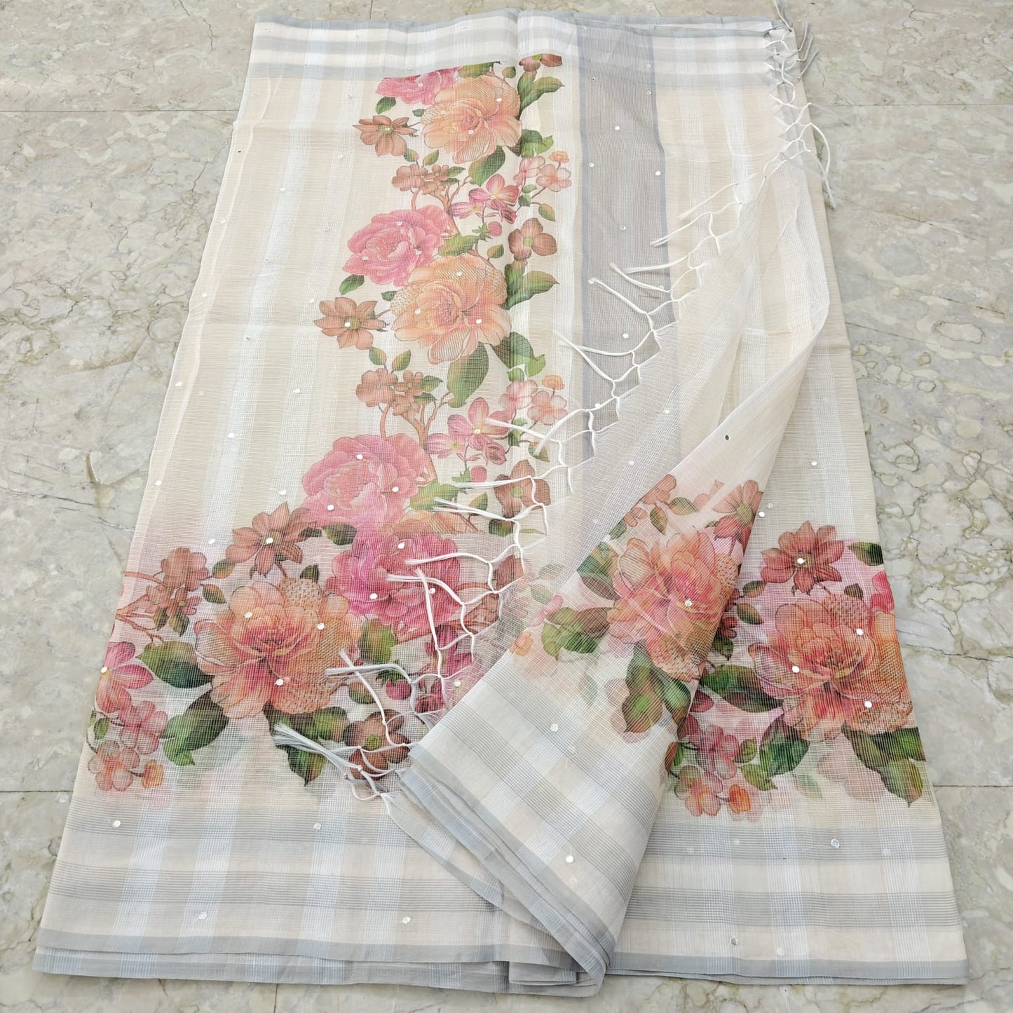 Elegant Cotton Kota Digital Floral Print & Mirror Work Saree with Tassels – Off White & Pink