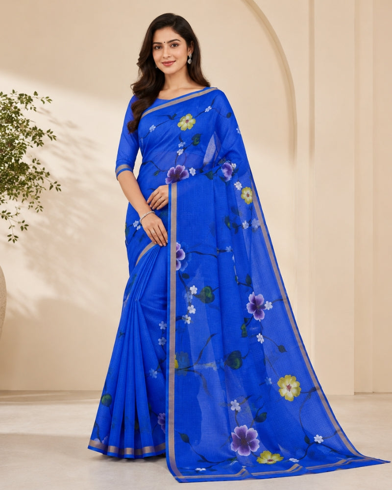 Royal Blue Printed Kota Doria Saree with Floral Vine Design & Zari Border