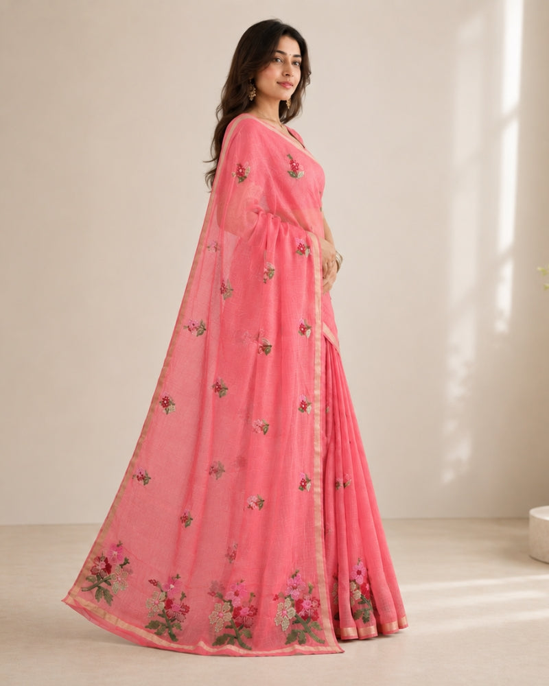 Coral Pink Cotton Kota Doria Embroidered Saree with Floral Embroidery & Zari Border | Doria Vastra