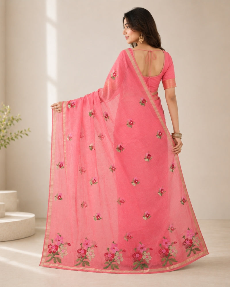Coral Pink Cotton Kota Doria Embroidered Saree with Floral Embroidery & Zari Border | Doria Vastra