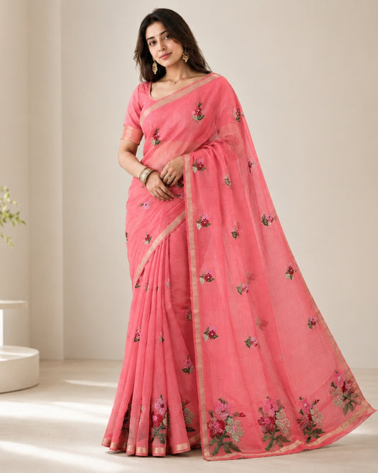 Coral Pink Cotton Kota Doria Embroidered Saree with Floral Embroidery & Zari Border | Doria Vastra