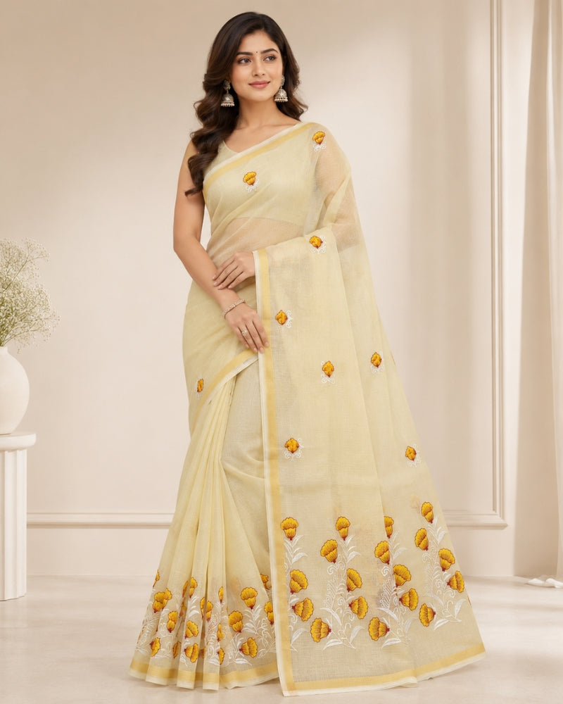 Cream Cotton Kota Doria Embroidered Saree with Floral Border & Zari Border | Doria Vastra