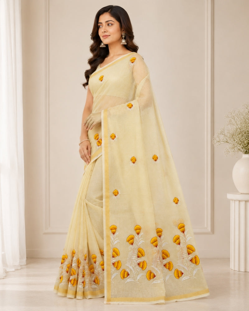 Cream Cotton Kota Doria Embroidered Saree with Floral Border & Zari Border | Doria Vastra