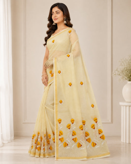 Cream Cotton Kota Doria Embroidered Saree with Floral Border & Zari Border | Doria Vastra