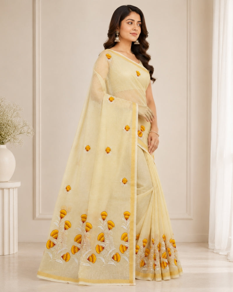 Cream Cotton Kota Doria Embroidered Saree with Floral Border & Zari Border | Doria Vastra