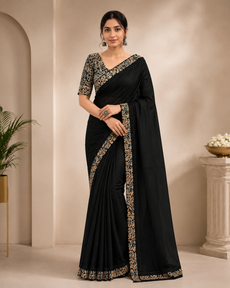 Black Cotton Kota Doria Saree with Floral Printed Blouse Piece | Doria Vastra