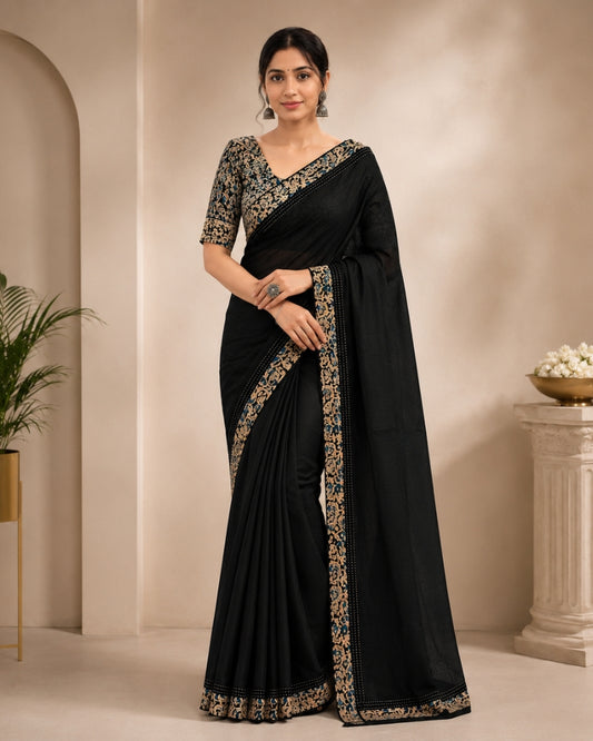 Black Cotton Kota Doria Saree with Floral Printed Blouse Piece | Doria Vastra