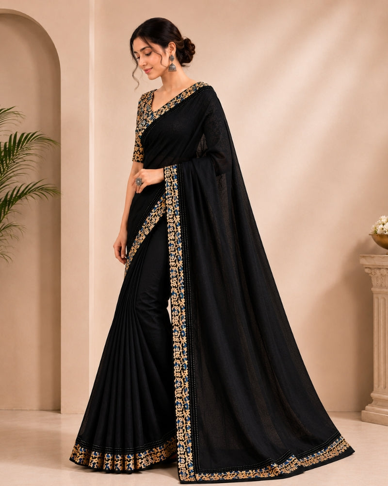 Black Cotton Kota Doria Saree with Floral Printed Blouse Piece | Doria Vastra