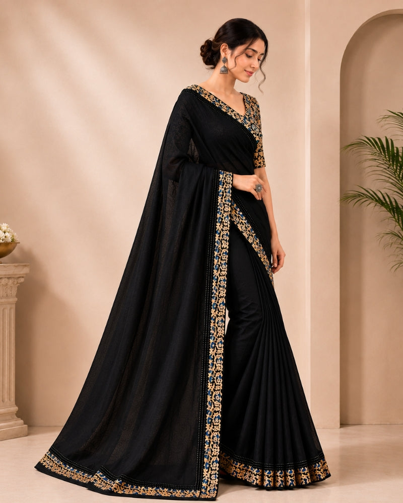 Black Cotton Kota Doria Saree with Floral Printed Blouse Piece | Doria Vastra