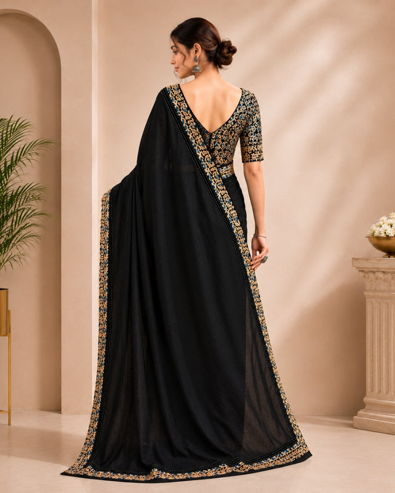Black Cotton Kota Doria Saree with Floral Printed Blouse Piece | Doria Vastra