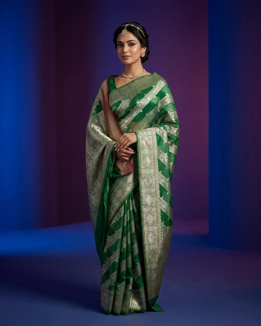 legant Pure Silk Kota Doria Weaving Saree – Soft Emerald Green Festive Wear Collection