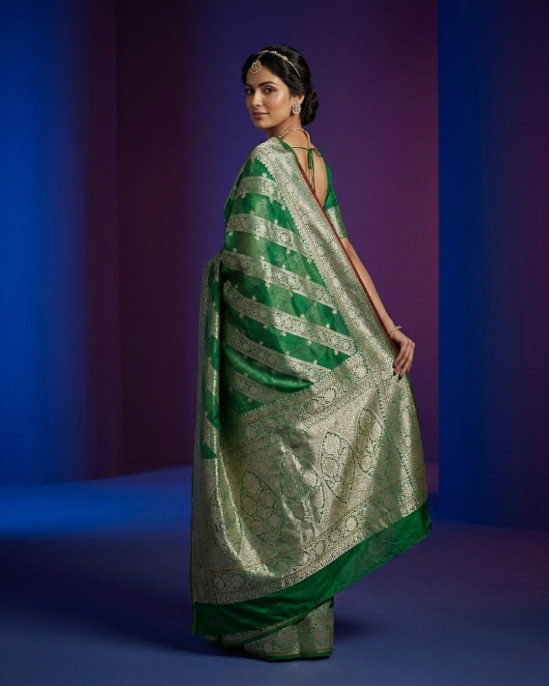 legant Pure Silk Kota Doria Weaving Saree – Soft Emerald Green Festive Wear Collection
