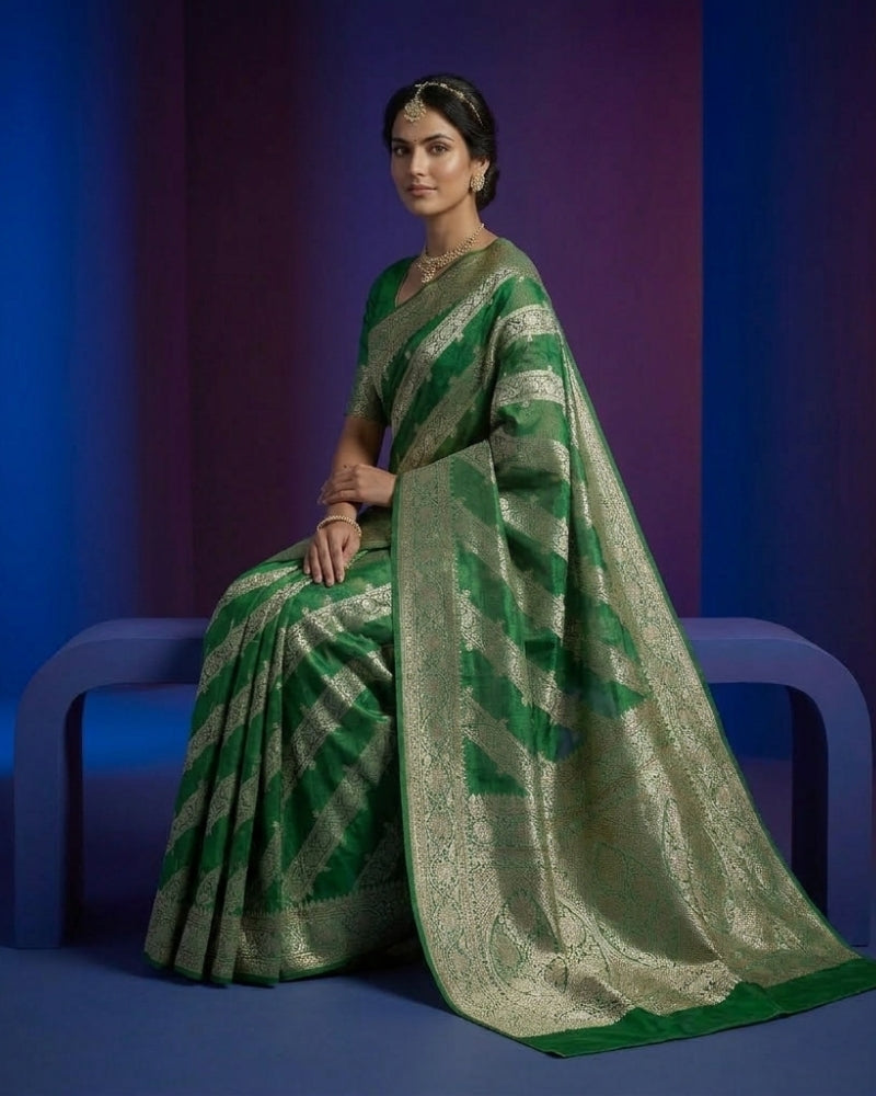legant Pure Silk Kota Doria Weaving Saree – Soft Emerald Green Festive Wear Collection