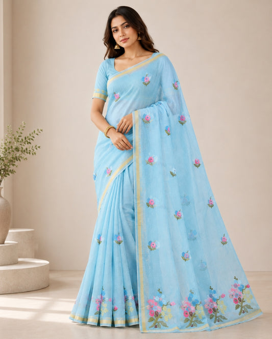Sky Blue Cotton Kota Doria Embroidered Saree with Floral Embroidery & Zari Border | Doria Vastra