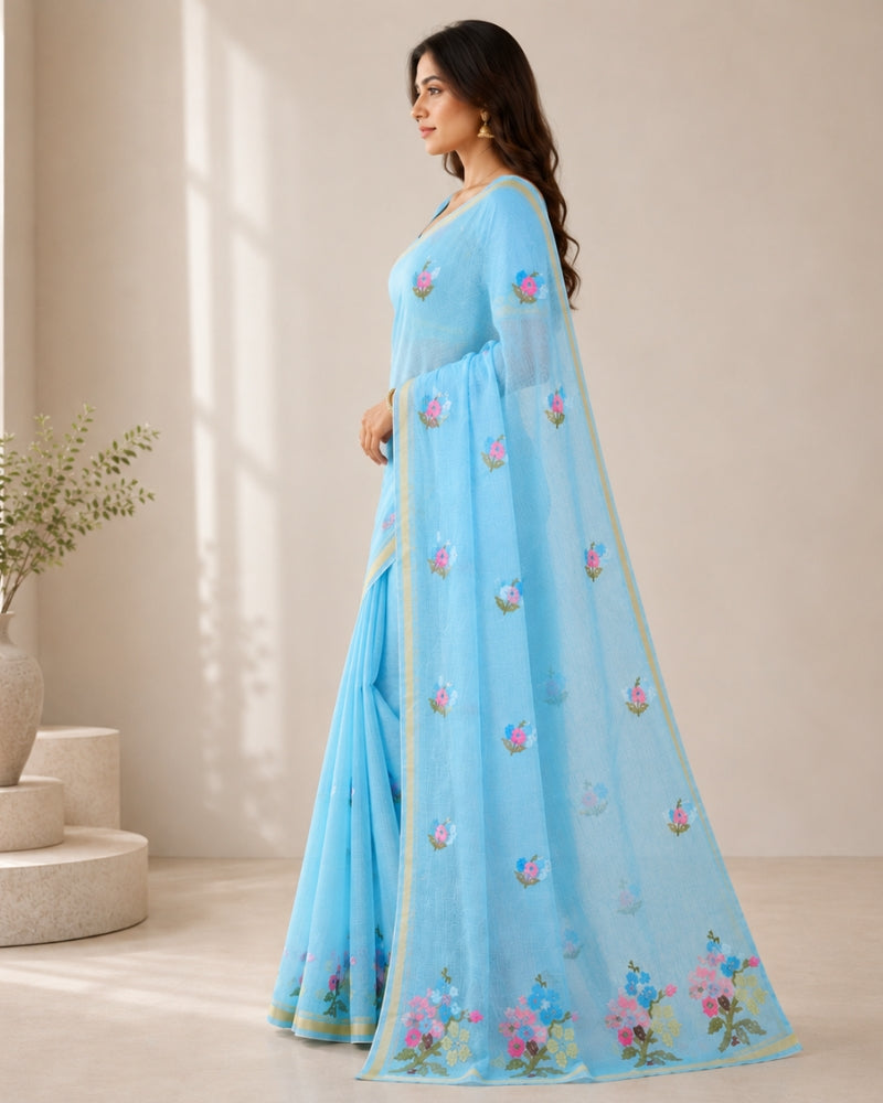 Sky Blue Cotton Kota Doria Embroidered Saree with Floral Embroidery & Zari Border | Doria Vastra