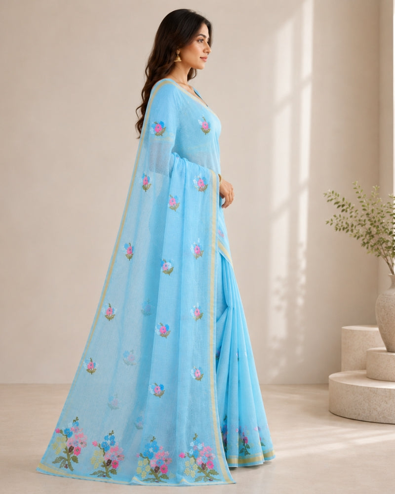 Sky Blue Cotton Kota Doria Embroidered Saree with Floral Embroidery & Zari Border | Doria Vastra
