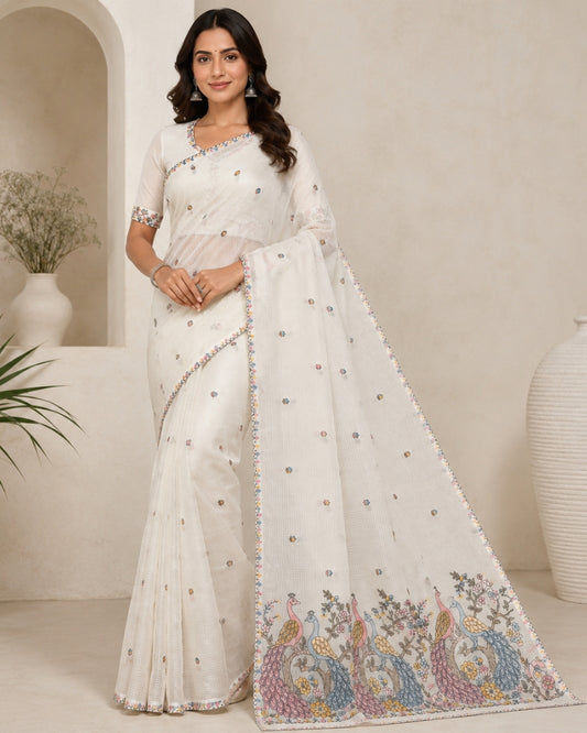 Soft Silk Kota Doria Saree with Multicolor Peacock Border & Floral Buti | Handloom Lightweight Ethnic Saree