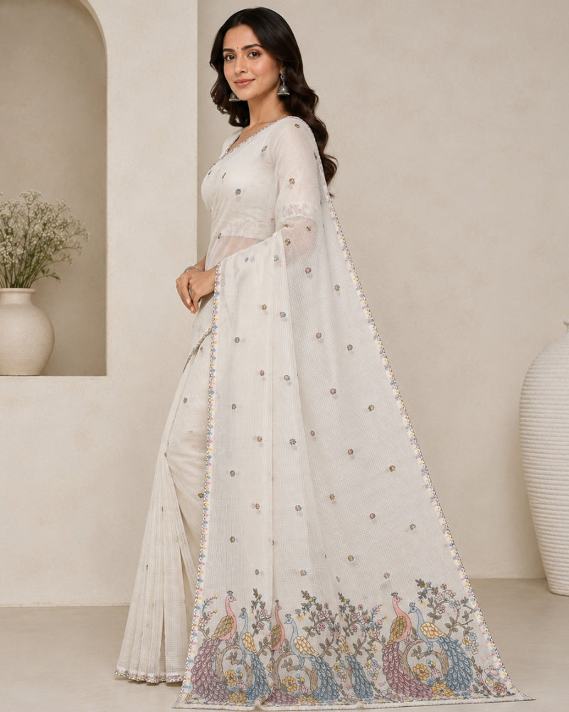Soft Silk Kota Doria Saree with Multicolor Peacock Border & Floral Buti | Handloom Lightweight Ethnic Saree