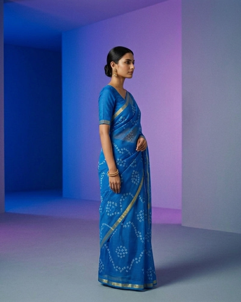 Pure Silk Kota Hand Bandhej Saree with Zari Border – Elegant Blue Traditional Saree
