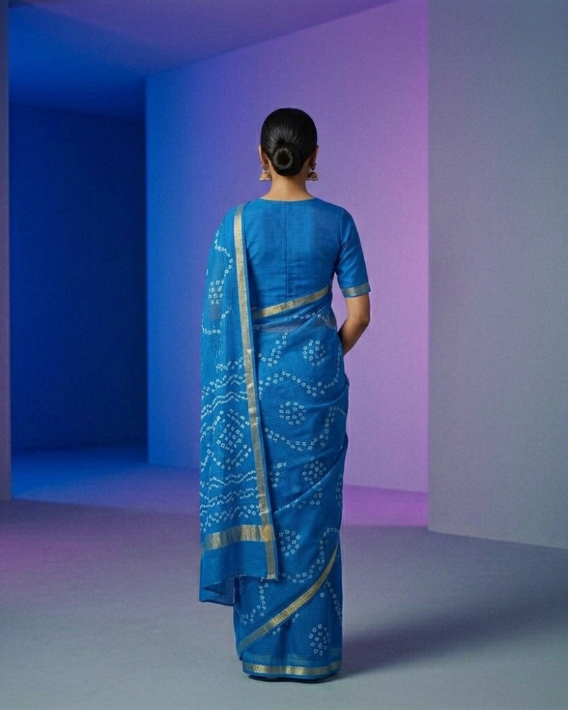 Pure Silk Kota Hand Bandhej Saree with Zari Border – Elegant Blue Traditional Saree