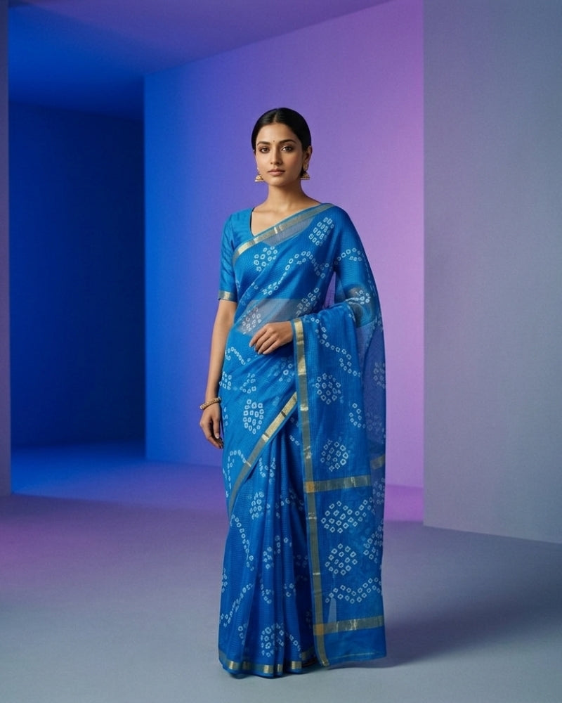 Pure Silk Kota Hand Bandhej Saree with Zari Border – Elegant Blue Traditional Saree