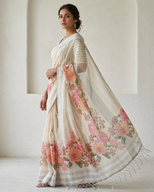 Elegant Cotton Kota Digital Floral Print & Mirror Work Saree with Tassels – Off White & Pink