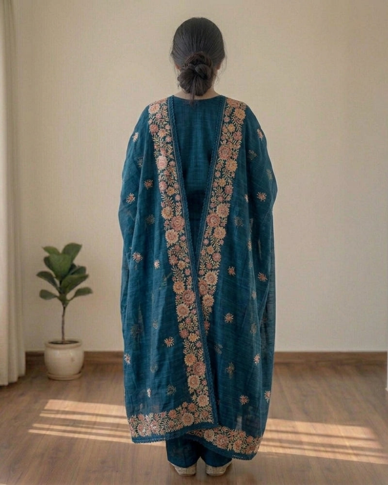 Premium Cotton Kota Doria Embroidered Dress Material – Teal Blue Floral Design with Dupatta