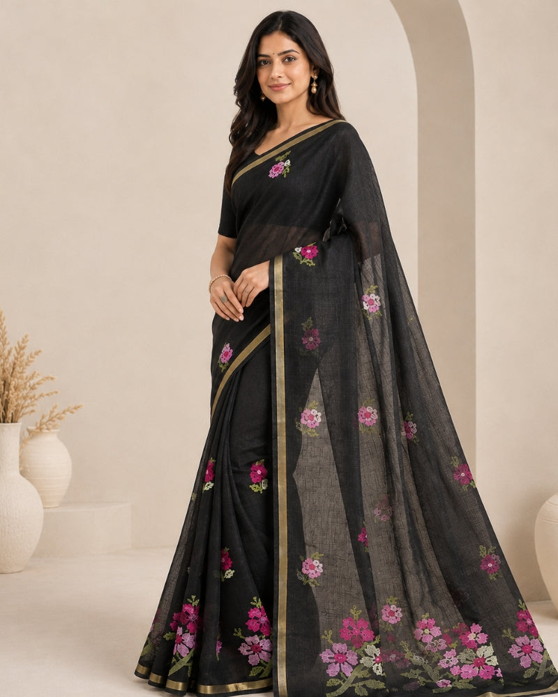 Authentic Kota Doria Cotton Saree with Floral Embroidery – Black