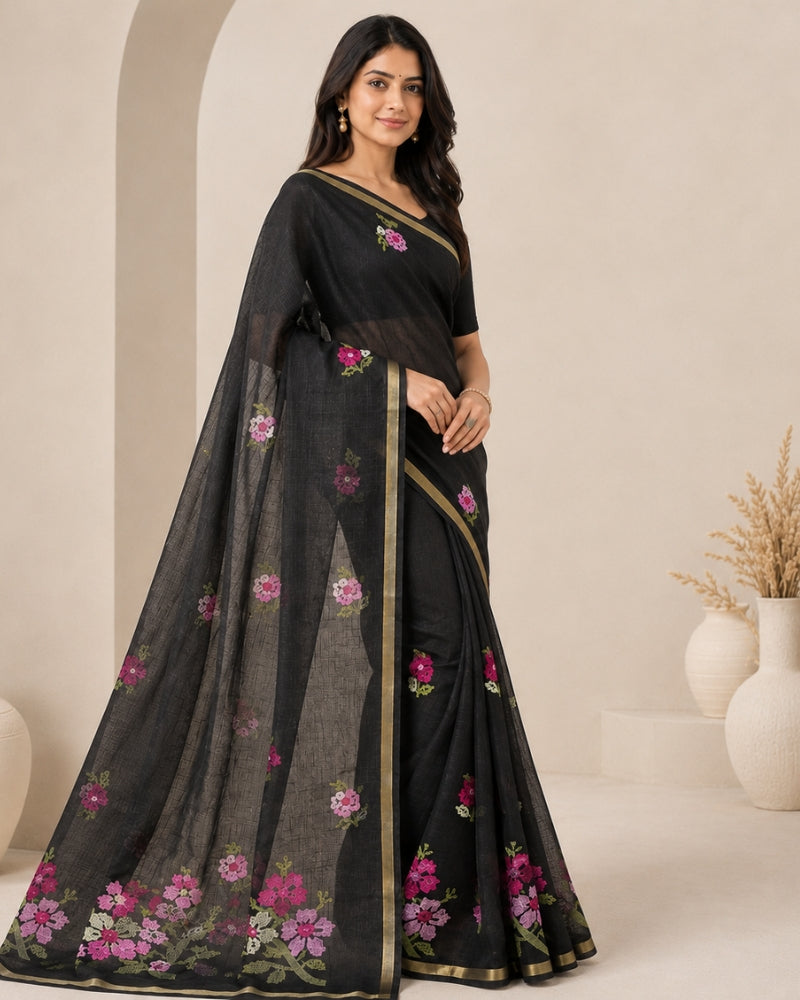 Authentic Kota Doria Cotton Saree with Floral Embroidery – Black