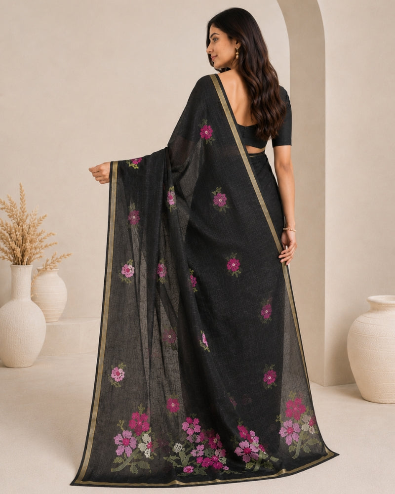 Authentic Kota Doria Cotton Saree with Floral Embroidery – Black
