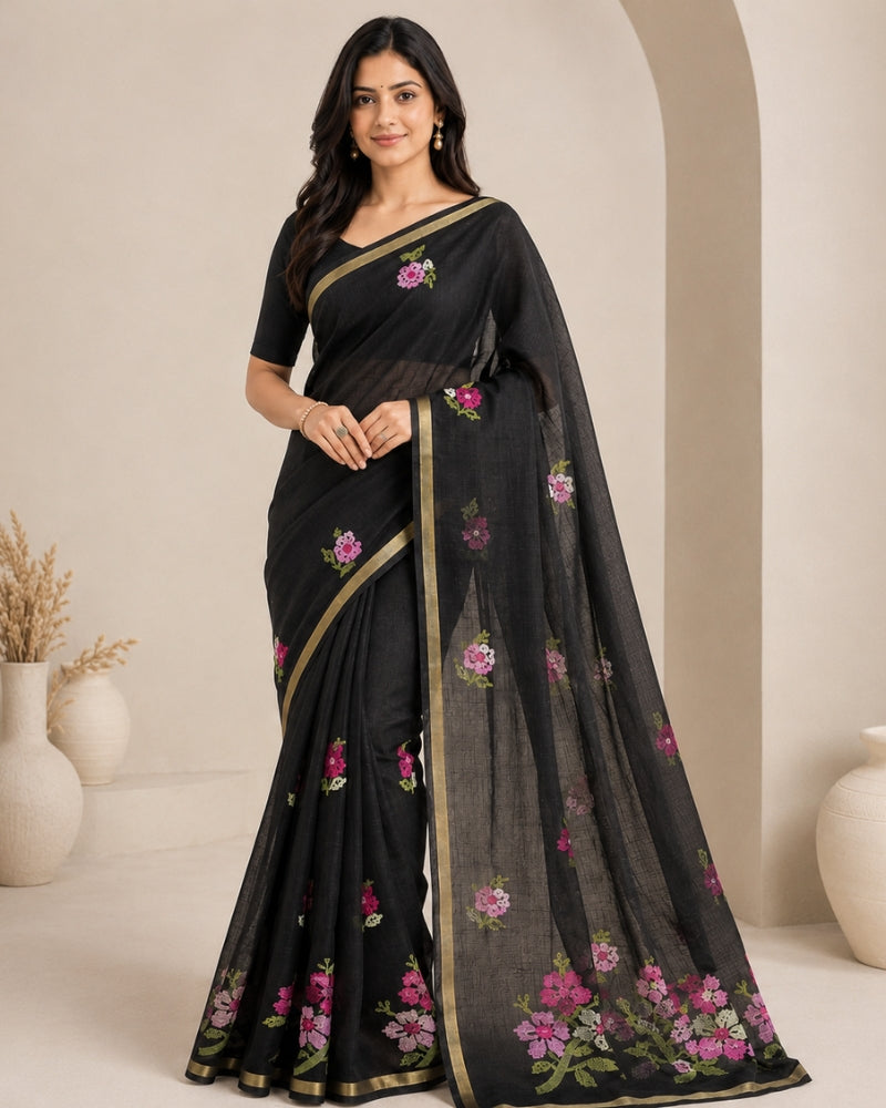 Authentic Kota Doria Cotton Saree with Floral Embroidery – Black