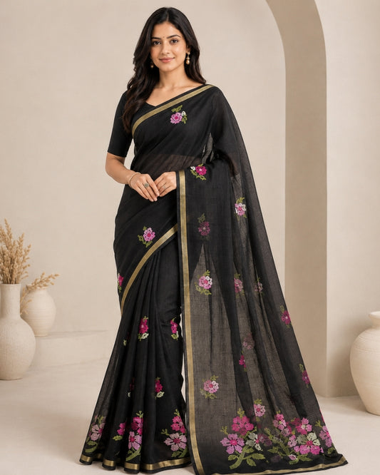 Authentic Kota Doria Cotton Saree with Floral Embroidery – Black