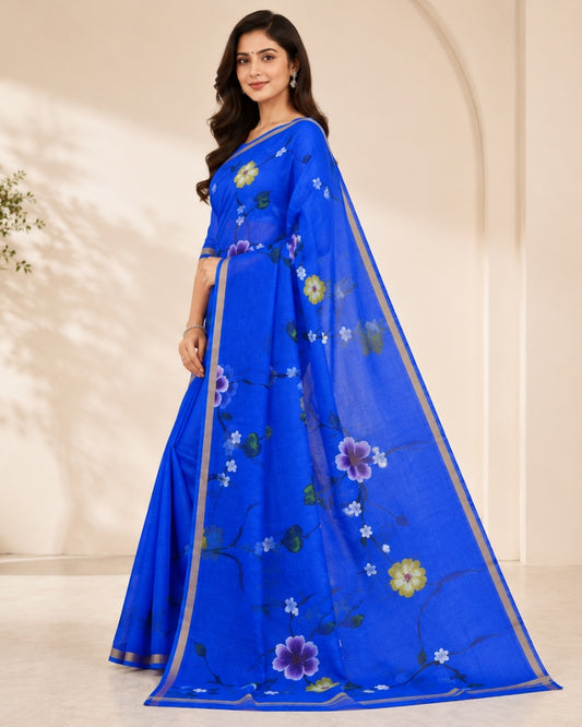 Royal Blue Printed Kota Doria Saree with Floral Vine Design & Zari Border